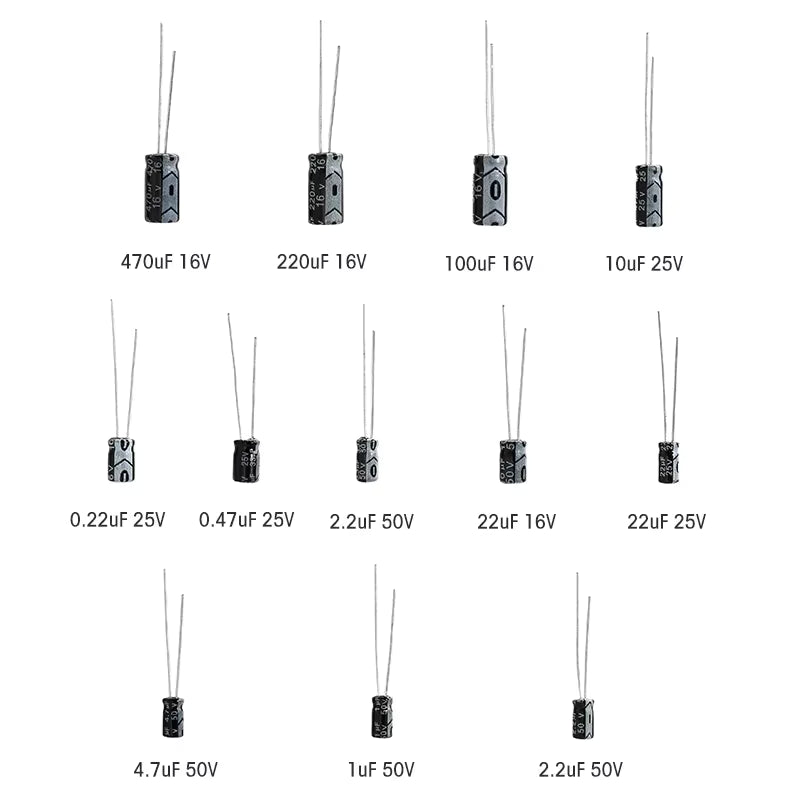 120 Uds condensador electrolítico 16V 25V 50V Kit de condensadores electrolíticos de aluminio 12 valores 1uF-470uF condensadores electrolíticos DIP