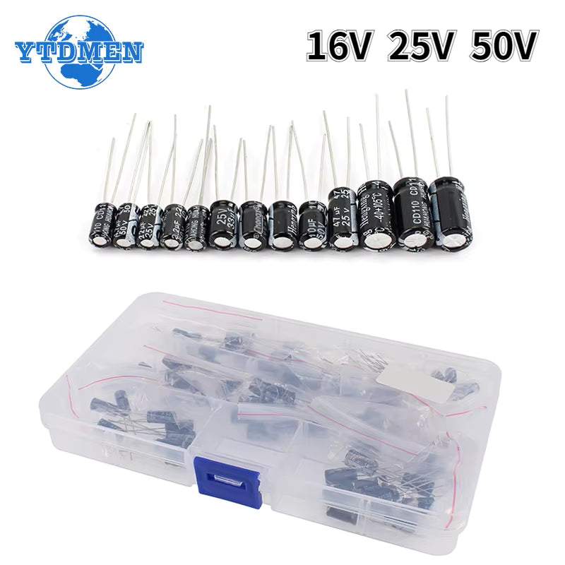 120 Uds condensador electrolítico 16V 25V 50V Kit de condensadores electrolíticos de aluminio 12 valores 1uF-470uF condensadores electrolíticos DIP